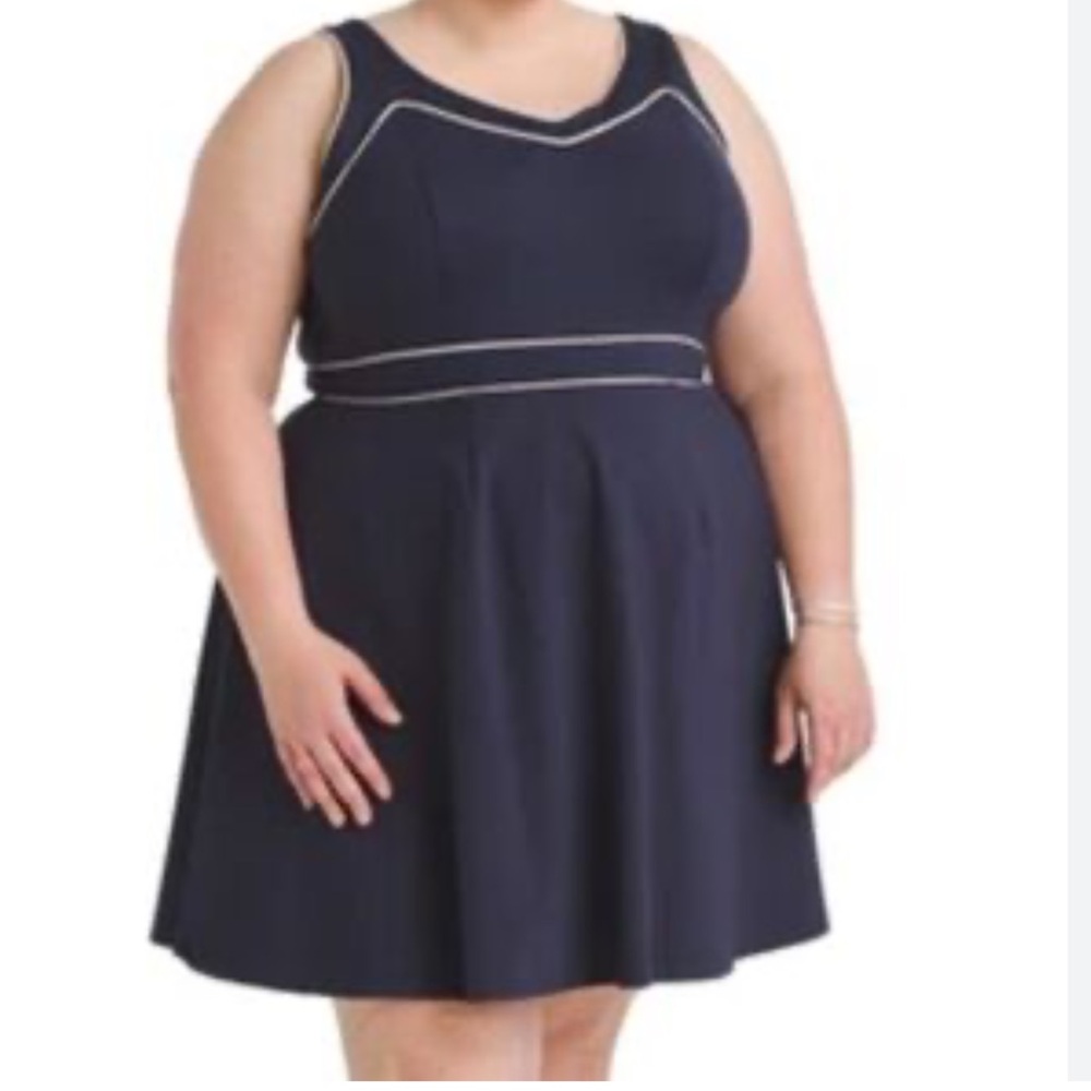 ModCloth Sleeveless Navy and‎ White Knee Length Dress